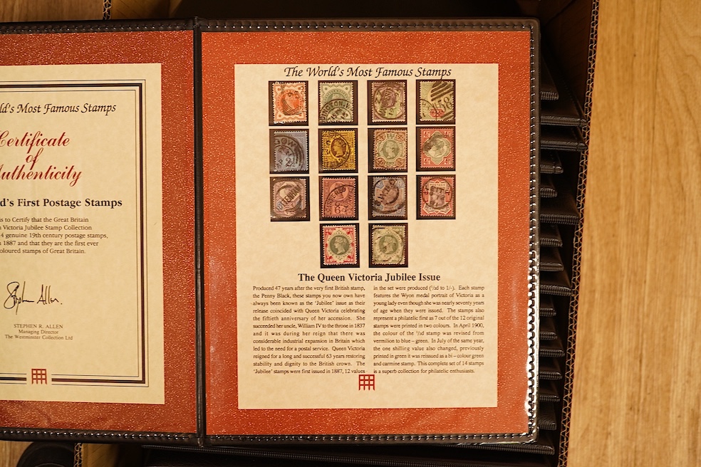 A large collection of stamps in Westminster Collection cases with certificates to include 1856 Queen Victoria 6d Lilac, 1884 10 Shilling ‘Cobalt Blue’ stamp, 1884 Victorian High Value Definitives (2s 6d, 5s, 10s), 1872-7